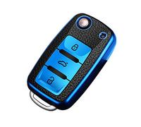 Happyit Étui de Housse de Clé de Voiture en TPU + Cuir Compatible avec Volkswagen VW Bora Beetle Tiguan Polo Passat B5 B6 MK5 6 Jetta EOS Seat Sagitar Golf 6 3 Boutons (Bleu)