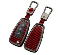 Happyit Étuis pour clés de Voiture en Fibre de Carbone et Alliage de Zinc pour Ford Fiesta Ranger C-Max S-Max Focus 3 4 Galaxy Mondeo Transit Tourneo Custom MK4 3 Boutons (Rouge+Boucle carrée)