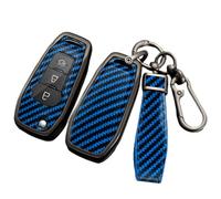 Happyit Étuis pour clés de Voiture en Fibre de Carbone et Alliage de Zinc pour Ford Figo 2017 Mondeo 5 Ecosport Puma 2020 Fiesta Mk8 Everest Ranger 3 Boutons (Bleu+Corde)