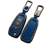 Happyit Étuis pour clés de Voiture en Fibre de Carbone et Alliage de Zinc pour Ford Figo 2017 Mondeo 5 Ecosport Puma 2020 Fiesta Mk8 Everest Ranger 3 Boutons (Bleu+Boucle carrée)