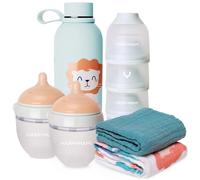 Happymami Coffret Cadeau Naissance Premium - Set d'Allaitement Complet : 2 Biberons Anti-colique, Therme en Acier Inoxydable, Doseur de Lait et 2 Langes en Coton - Kit Bébé Voyage et Maison