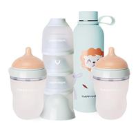 Happymami Coffret Naissance 2 Biberons Personnalisables (Forme du Sein) + Thermo + Doseur de Lait - Idée Cadeau Noël Bébé - Kit Repas Anti-Colique Sans BPA