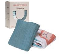 Happymami Lot de 2 Langes pour bébé 60x60cm (6 Épaisseurs) - Coffret Cadeau de Noël pour Naissance - Gaze de Coton Douce pour Emmaillotage d' Hiver et Allaitement (Turquoise Pastel+ Happyanimals)