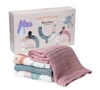 Happymami Lot de 4 Langes pour bébé 60x60cm (6 Épaisseurs) - Coffret Cadeau de Noël pour Naissance - Gaze de Coton Douce pour Emmaillotage d' Hiver et Allaitement (Lot de 4 Langes)