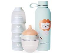 Happymami - Pack Biberon Personnalisable en Forme de Sein + Thermos Bébé Liquide + Distributeur de Lait en Poudre, Ensemble d'Alimentation pour Bébé, Sans BPA, Double Système Anti-Colique