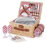 HappyPicnic Lot de 2 paniers de pique-nique en osier avec couverture imperméable et doublure isolante, grand panier en osier fait main avec kit de couverts pour extérieur, pique-nique, camping, fête,
