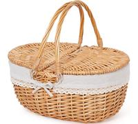 HappyPicnic Panier de pique-nique en osier avec poignée, grand panier de pique-nique vide de 38 cm avec couvercle et doublure amovible, panier tissé à la main vintage pour pique-niques, camping