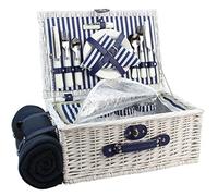 HappyPicnic Panier de pique-nique en osier pour 4 personnes avec grand compartiment isotherme, couverture en polaire avec dos imperméable et kit de service à couverts Blanc