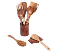 Happysnow Lot de 9 cuillères en bois pour la cuisine avec porte-ustensiles en teck