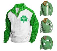 HappySt Patricks Day Sweatshirt pour homme - Haut trèfle amusant - Grande taille - Costume de fête irlandaise vert - Haut à manches longues avec bouton 1/4 - Vêtements de vacances fantaisie, blanc, S