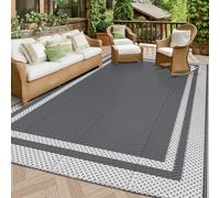 HappyTrends Grand tapis d'extérieur réversible et portable en paille en plastique pour camping-car, patio, terrasse, porche, balcon (1,5 x 2,4 m, blanc et gris)
