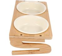 Happyyami 1ensemble Écuelle Surélevée pour Chat Céramique avec Support Bois Double Bol pour Nourriture Et Eau Accessoire Pratique pour Animaux De Compagnie Maison