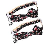 Happyyami Collier pour Chat 2 Pièces avec Clochette Et Nœud Réglable pour Petits Chiens Et Chats en Polyester Et Coton en Nylon Mignon Tendance Motif Floral Noir