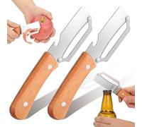 Happyyami Lot de 2 éplucheurs de cuisine multifonctions avec manche en bois - Décapsuleur - Outil pour éplucher les pommes de terre, concombre, citron, fruits et légumes