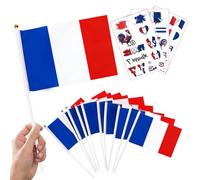 HAPZUR Lot de 10 Petits Drapeaux Français avec Bâton + 3 Tatouages Football pour Supporters, Fête Nationale, Coupe du Monde, Euro, JO & Événements Sportifs.