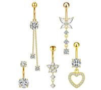 HAPZUR Set de 5 pièces Percing Banana Nombril, Boule Court, Barres de Ventre, avec motifs papillon, fleur, pendentif rond et nombril inversé
