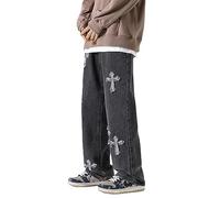 Harajuku Hip Hop Denim Pantalon Hommes Streetwear Flamme Croix Couleur Bloc Jean Pantalons Décontractés Joggers Pantalon Multi Poches(Black-1,L)