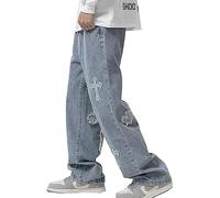 Harajuku Hip Hop Denim Pantalon Hommes Streetwear Flamme Croix Couleur Bloc Jean Pantalons Décontractés Joggers Pantalon Multi Poches(Blue-1,S)