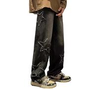Harajuku Hip Hop Denim Pantalon Hommes Streetwear Flamme Croix Couleur Bloc Jean Pantalons Décontractés Joggers Pantalon Multi Poches(Black-2,S)