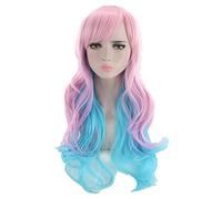 Harajuku ita Long Wavy Rainbow Wig With Bangs Synthetic Hair Cosplay Costume Party Colored Wigs For Women 65cm OneSize pinkblue