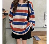 Harajuku Pull à manches longues pour femme Style coréen Sweat à rayures Chemise décontractée pour printemps été rendez-vous shopping fête Gris rouge (XXL rouge)