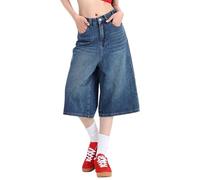 Harajuku Short en jean pour femme - Mode baggy - Bermuda - Taille haute - Y2K - Décontracté - Denim - Pantalon d'été court - Mode coréenne - Longueur genou - Streetwear, Q bleu foncé, L