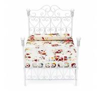 harayaa Lit Miniature Lit de Poupée Lit Double Maquette Mobilier Métal avec Matelas et Traversin à Échelle Réaliste 1 12 Ornements Cœur et Montants à Boules, Blanc