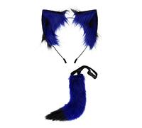 harayaa Oreilles et longue queue oreilles pince à cheveux déguisement cadeaux chat oreille coiffure cerceau pour scène performance mascarade fête unisexe, Bleu Noir