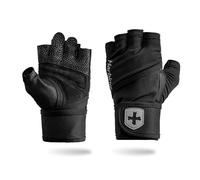 Harbinger Pro Wristwrap Gants 3.0 - Prise en main améliorée, soutien du poignet supérieur, lycra extensible dans les 4 sens, paume en cuir durable, design demi-doigt pour l'haltérophilie, la gym, noir