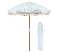 Harbour Housewares 1.4M Parasol de Jardin en Bois avec Franges à Pampilles - Rayures Bleu Pastel - 1x UPF30+ Étanche Portable Autoportant Plein Air Patio Soleil Parapluie Auvent avec Sac de Transport