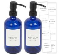 Harbour Housewares 2X Distributeurs de Savon en Verre avec étiquettes - 500ml - Bleu - Salle de Bain Cuisine Shampooing Gel Douche Liquide Laver Mousse Pompe Bouteille