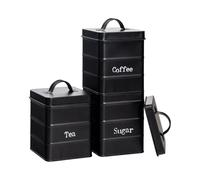Harbour Housewares Boîtes rondes en métal pour thé, café et sucre - Noir - Ensemble de 3 pièces - Rangement de cuisine vintage pour thé en vrac, grains de café, sucre granulé, récipient hermétique