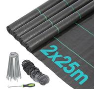 Harbour Housewares Noir 4m x 50m 110gsm Membrane de Contrôle des Mauvaises Herbes Set avec Chevilles et Assiettes - À Toute épreuve Jardin Tissu Herbe Couverture de Sol Feuille Rouler
