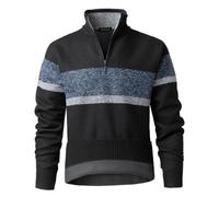 Harbrosrce Pull Homme à 1/4 Zip Doublé Polaire Rayures Tricoté Chandails | Pull-Over Col Montant, Sweater, Poignets et Ourlet Côtelés, Fermeture Éclair Métal, Tailles M à 3XL