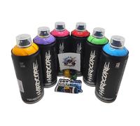 Hardcore Lot de 6 bombes de peinture en aérosol professionnelles de 400 ml, couleurs brillantes (vert, jaune, bleu ciel, fuchsia, rouge, violet) avec 3 buses de rechange + 1 autocollants MTN