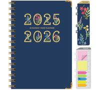 Hardcover Agenda académique 2025-2026 : juin 2025 à juillet 2026 14 x 20,3 cm Agenda journalier hebdomadaire mensuel annuel marque-page, dossier de poche et notes adhésives (chiffres bleu marine doré)