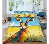 Hare in field Ensemble De Literie Microfibre résistante 3 Pièces 3D Effet Douce Vibrant watercolor style Parure de Lit avec Fermeture Éclair Confortable for Chambre Enfants Single（140x200cm）