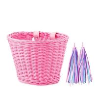 Harewtwy 1 Ensemble Panier de Vélo en Osier Rotin + Cloche + Pompon + Autocollants Accessoires de Guidon de Vélo Adulte Tissés à la Main Réglables Rose