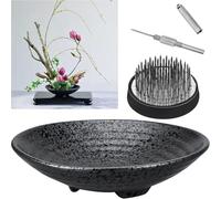Harewtwy Kit Ikebana avec Outil de Redressement de L'Aiguille, Pique-Floral Noir de 1,8 Pouces, Vase Coupe de 6,7 Pouces