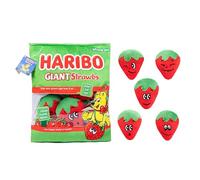 Haribo Sac à goûter, oreiller en peluche pour amis, jouet à presser - Partagez avec vos amis, 5 peluches par paquet, jeu imaginatif, cadeau 3+ (fraise géante)