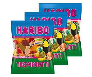 HARIBO tropi Frutti, Lot de 3, Caoutchouc - Babyours - Vin en Caoutchouc, Fruit Caoutchouc en Sachet, Pochette