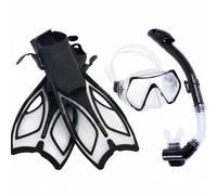 Harilla Fins and Set Palmes Masque Tuba Complet avec Lentille Renforcée et Jupe Silicone Étanche Palmes Ouvertes Réglables et Soupape de Purge pour Plongée, Noir, S
