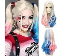 Harley Quinn - Perruque longue pour femme - Costume de méchant - Costume de Quinn - Blond, bleu et rose - Pour carnaval, Halloween, carnaval, fêtes