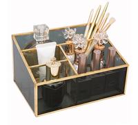 HARLIANGXY Porte-pinceaux vintage le noir - 4 compartiments - Rangement pour pinceaux de maquillage - Métal et verre noir - Organiseur de maquillage, pinceaux de maquillage