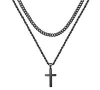 Harlorki Chaîne à maillons cubains simples superposés en acier inoxydable avec pendentif en forme de croix - Cadeau pour homme ou petit ami - Bijoux tendance (noir)