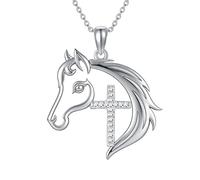 HARMONY BOLA Collier en forme de croix de cheval en argent sterling 925 avec pendentif en forme de tête de cheval - Cadeau pour femme pour un anniversaire et Noël