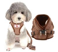 Harnais anti-traction avec laisse pour chien - Tenue rembourrée en velours côtelé doux pour petits chiens - Veste anti-évasion pour promenade quotidienne, entraînement, voyage (marron, taille M (tour