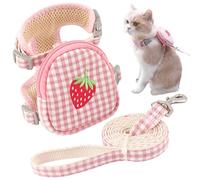 Harnais de Chat et Laisse, Harnais de Chats à Carreaux Mignons avec Sac Motif Fraise, Laisse légère Portable, Animal Compagnie Multifonctionnel pour Chats et Petits Chien