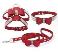 Harnais de Poitrine réglable avec Boucle et Strass en Daim Souple pour Chien et Chat, Ensemble de 3 Colliers en Cuir pour Animaux de Compagnie, Rouge, M
