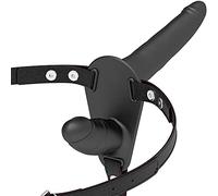 Harnais Double Pénétration, Noir, Silicone/ABS/Métal, D-221270, Godes 15cm/8cm, Ajustable